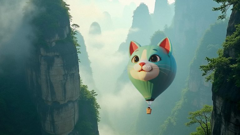 A vibrant, cartoon-style cat, named Felini, is soaring through the air in a cat-shaped hot air balloon. The balloon drifts between towering, moss-covered stone pillars – dramatic karst formations – within the misty landscape of Zhangjiajie National Forest Park. Thick, swirling fog partially obscures the background, creating a sense of depth and mystery.